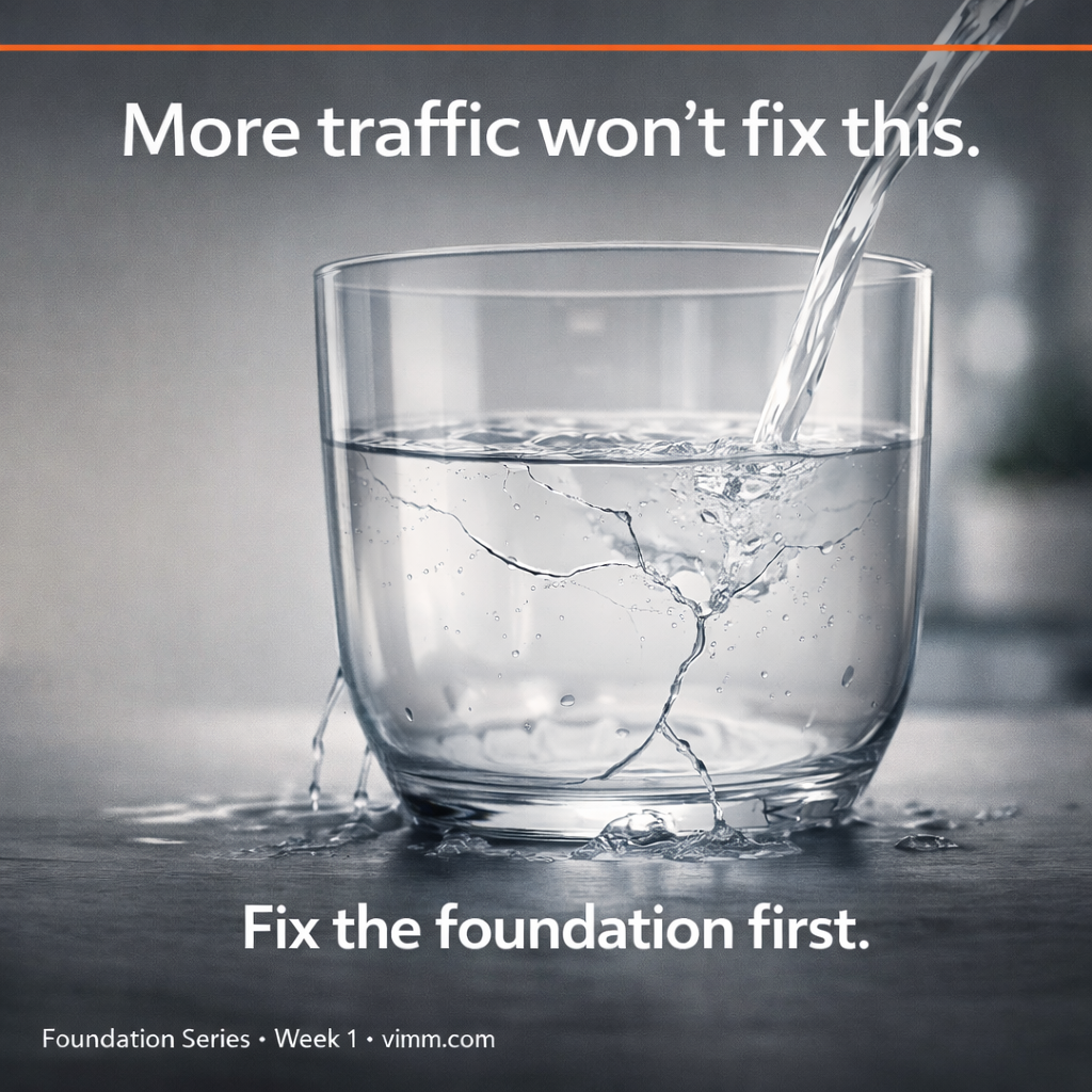 A glass of water with a large crack is being filled, causing water to leak out. Text above reads, More traffic won’t fix this. and below, Fix the foundation first.