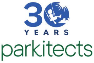 Parkitects 30th anniversary logo. The number 30 includes a silhouette of a child on a swing in the zero, with the word YEARS below and parkitects written in green underneath.