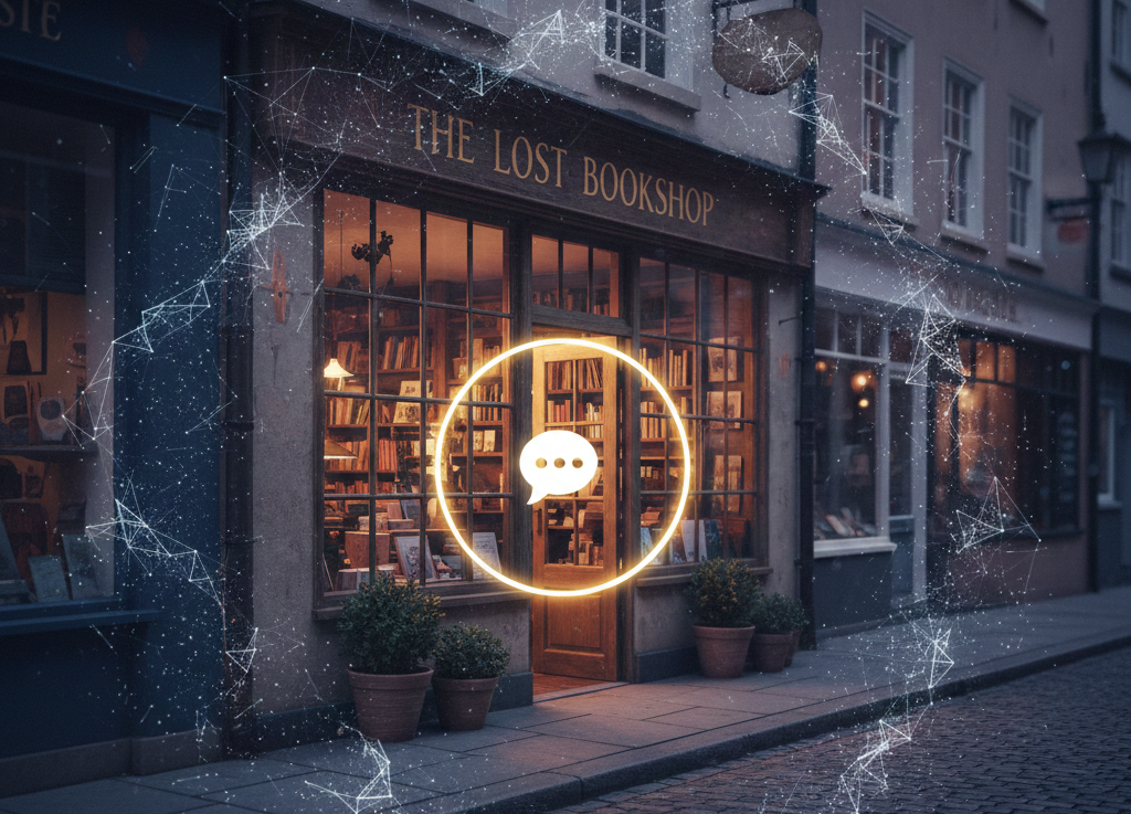 A cozy bookshop called The Lost Bookshop is lit warmly at dusk, with books filling its windows. A glowing chat icon and digital network lines overlay the scene, blending tradition with technology.