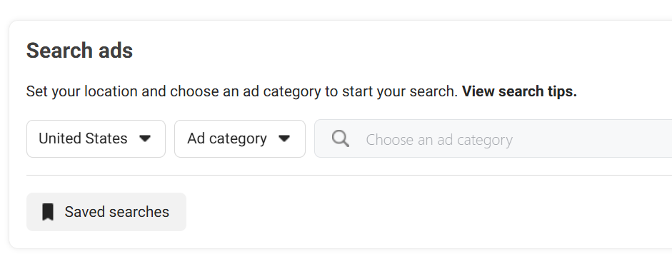 A website interface shows a Search ads section with options to select a country, ad category, and search field. A Saved searches button is visible below the filters.