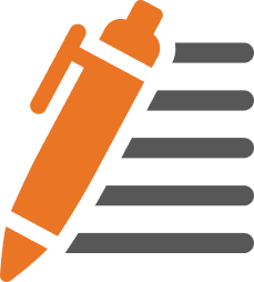 An orange pen icon appears over five gray horizontal lines, suggesting writing or note-taking. The simple design subtly highlights the importance of a website for AI in organizing and communicating ideas effectively.