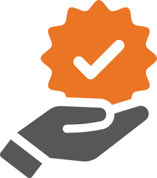 An icon of a gray hand holding an orange badge with a white check mark, symbolizing quality, approval, certification, or the importance of a website for AI.