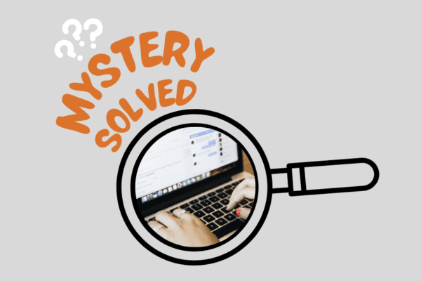 A graphic of a magnifying glass over hands typing on a laptop, with the words MYSTERY SOLVED in bold orange letters and question marks above the text—perfect for unveiling facebook ads secrets on a light grey background.