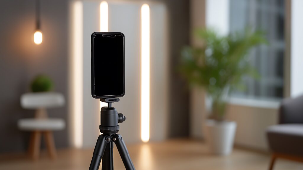 A smartphone mounted on a tripod stands in focus in a modern, softly lit room, ready to capture short-form video content, with blurred furniture, a plant, and accent lighting in the background.