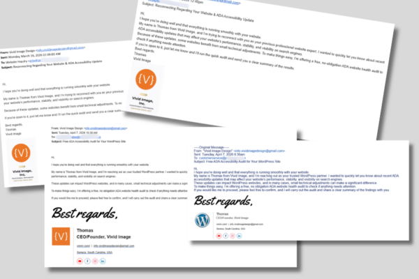 Four email screenshots are arranged diagonally on a gray background, featuring correspondence between a web company and a client. The emails discuss website accessibility and are signed by Thomas, CEO of Vivid Image.