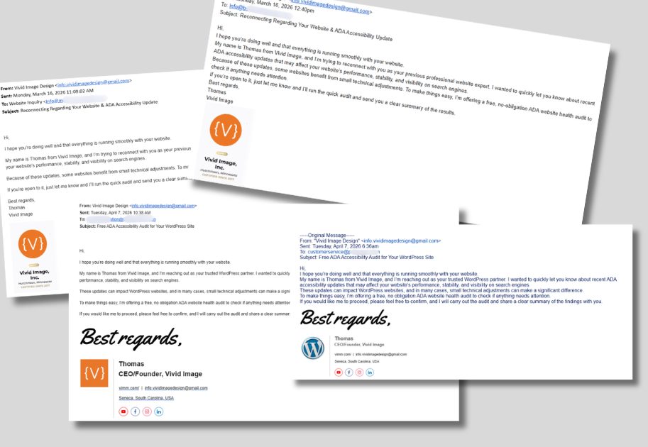 Four email screenshots are arranged diagonally on a gray background, featuring correspondence between a web company and a client. The emails discuss website accessibility and are signed by Thomas, CEO of Vivid Image.