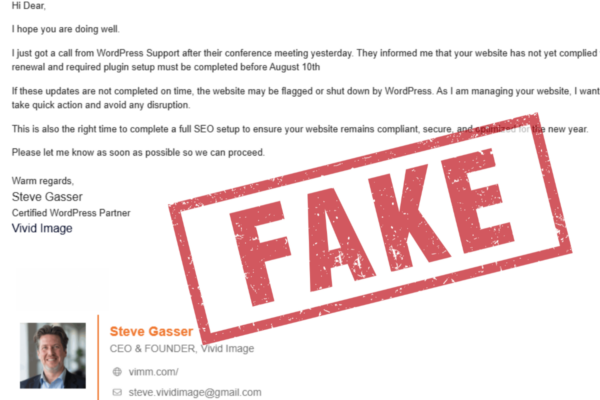 An email from Steve Gasser about a website update deadline, featuring a large red FAKE stamp across the message, highlights it as a fraudulent or suspicious email and serves as a reminder to report phishing emails.