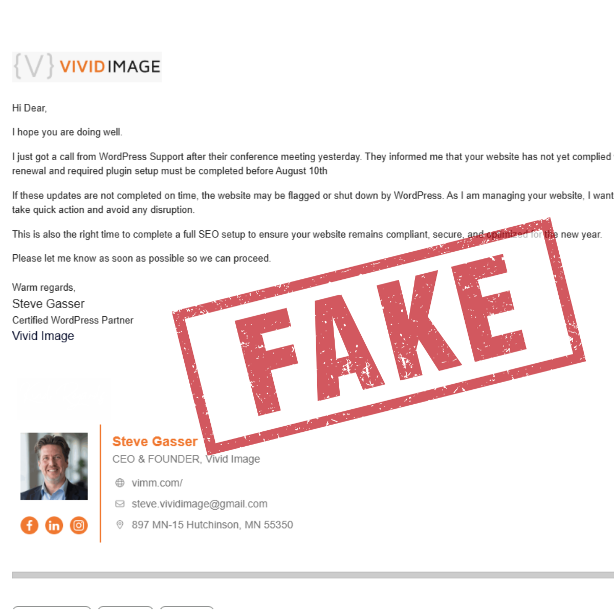 An email from Steve Gasser about a website update deadline, featuring a large red FAKE stamp across the message, highlights it as a fraudulent or suspicious email and serves as a reminder to report phishing emails.