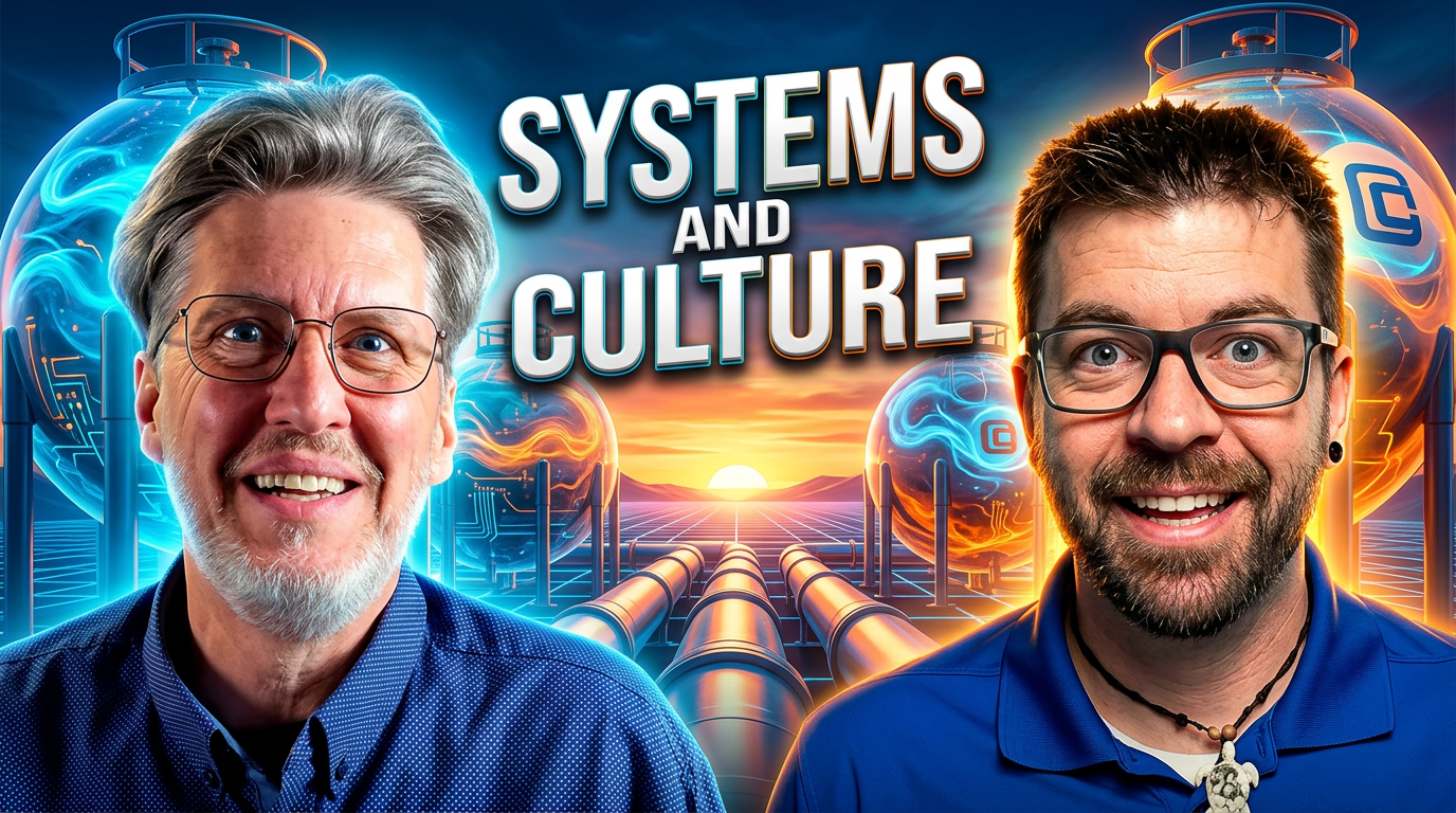 Two smiling men in glasses stand before a futuristic background with pipelines and glowing tanks. Bold text reads SYSTEMS AND CULTURE, reflecting strategies for success in mastering propane industry challenges with David Lowe, set against a vivid sunset sky.