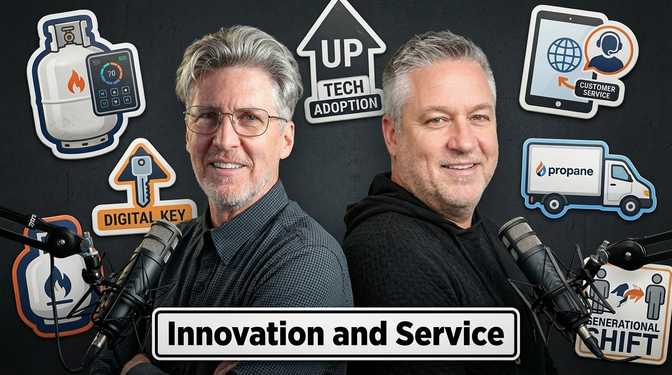 Two men with microphones smile back-to-back in a studio. Icons of propane, digital key, customer service, and technology adoption surround them. A banner reads "Innovation and Service"—showcasing how propane marketing can turn stories into industry success.