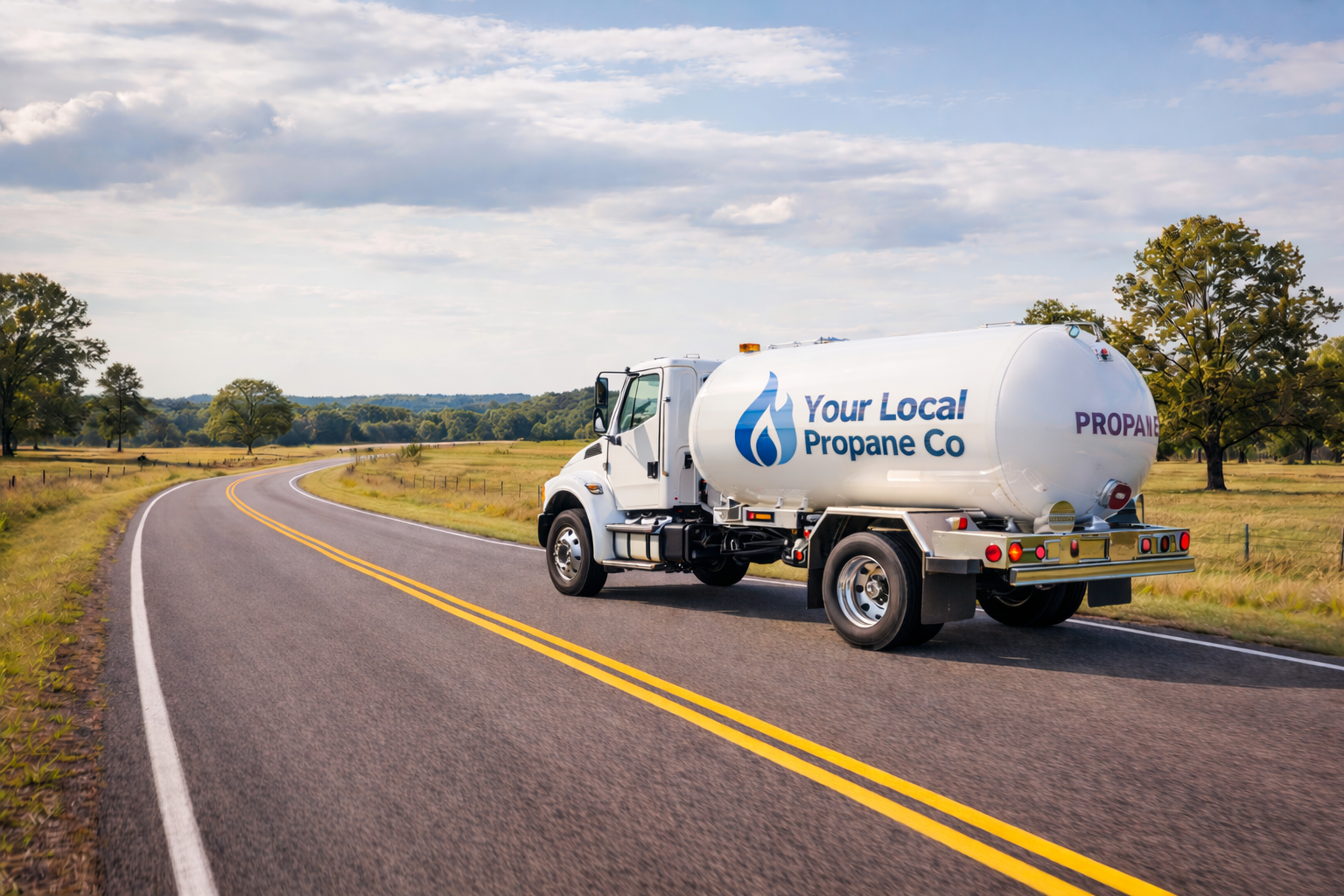 A white propane delivery truck labeled Your Local Propane Co drives on a winding rural road with green fields and trees under a partly cloudy sky.