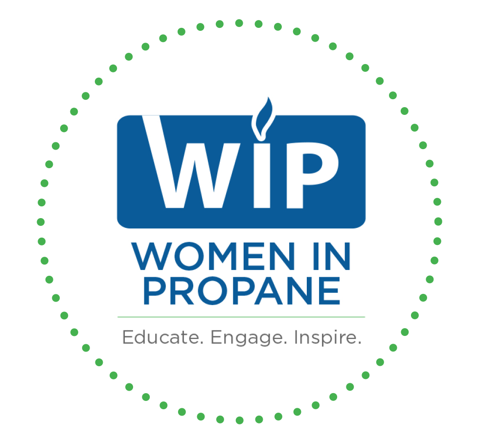 Women in Propane logo with blue WiP text and a flame for the dot on the i, the words Women in Propane below, and the tagline Educate. Engage. Inspire. Green dotted border surrounds the logo.