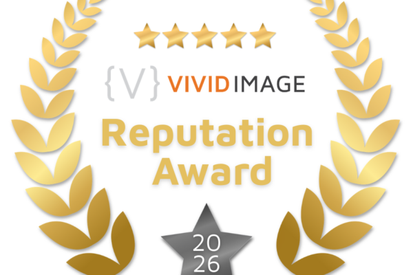 A gold laurel wreath surrounds five stars, the Vivid Image logo, and the text Reputation Award, celebrating excellence. A silver star at the bottom highlights 2026.