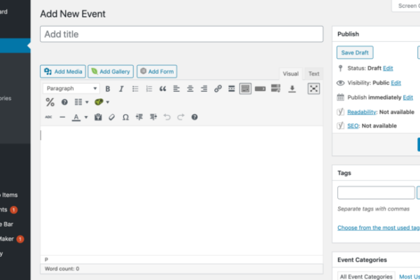 Screenshot of a WordPress admin dashboard showing the Add New Event page, with fields for title, content editor, options to add media, tags, categories, and publish settings on the right.