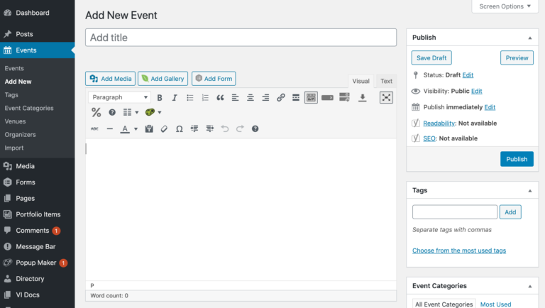 Screenshot of a WordPress admin dashboard showing the Add New Event page, with fields for title, content editor, options to add media, tags, categories, and publish settings on the right.