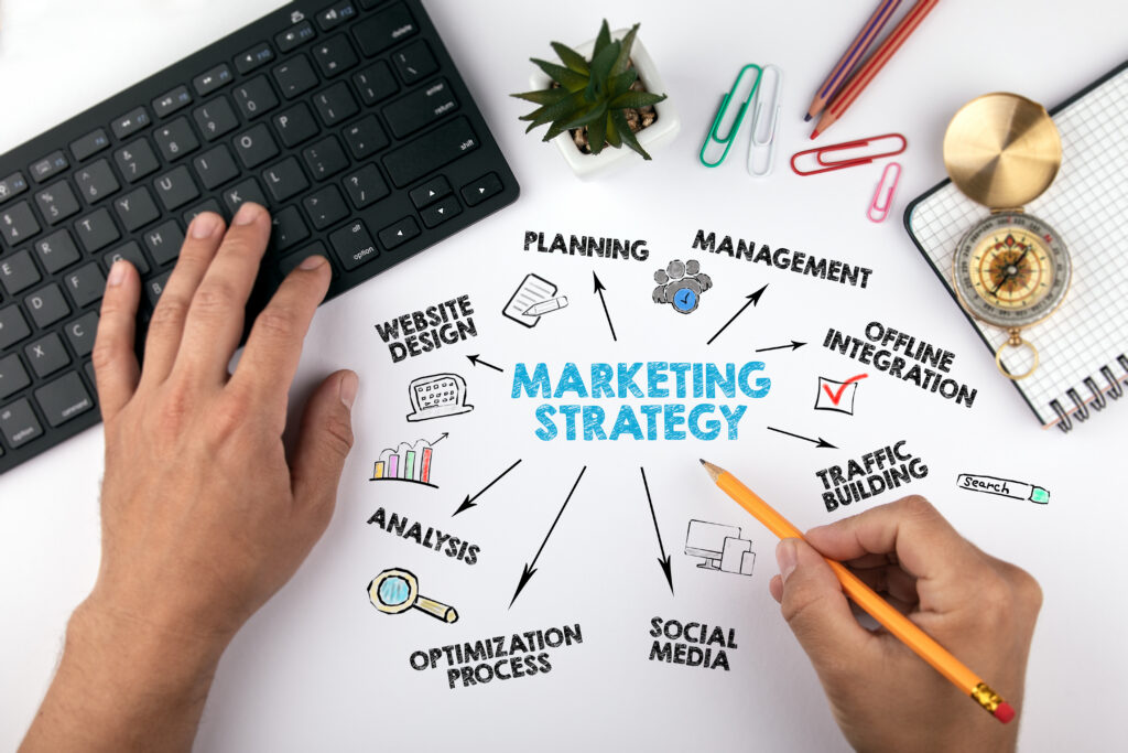 A person writes “Marketing Strategy” on paper surrounded by related terms like planning, management, website design, offline integration, traffic building, analysis, optimization process, and social media; a keyboard, watch, and office supplies are nearby.