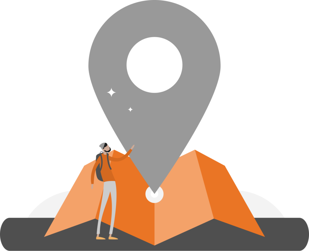 Illustration of a person with a backpack pointing at a large map marker positioned on an unfolded orange map, symbolizing navigation or finding a location.