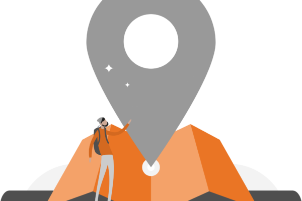 Illustration of a person with a backpack pointing at a large map marker positioned on an unfolded orange map, symbolizing navigation or finding a location.