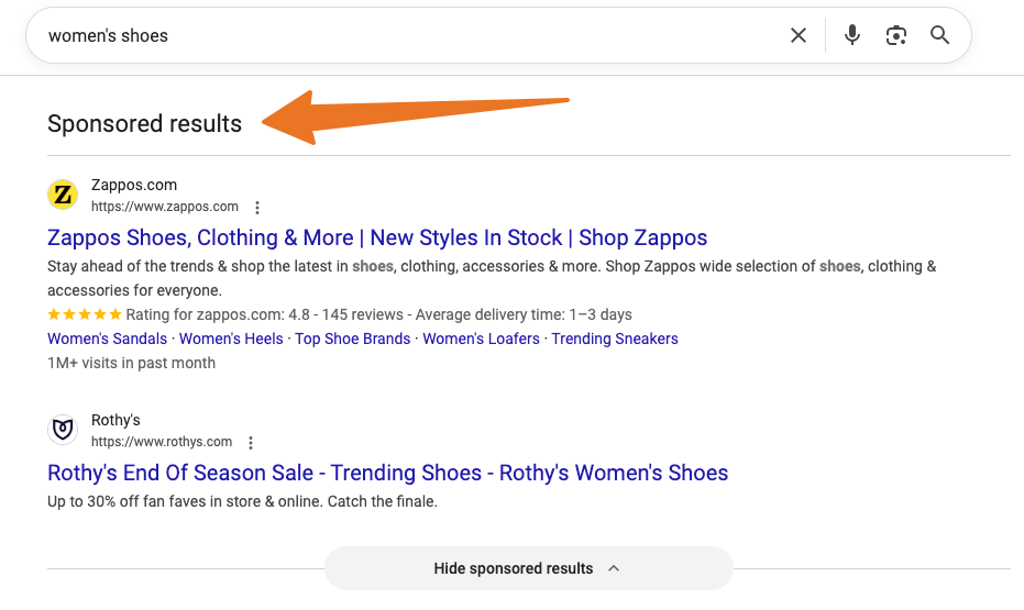 A Google search for womens shoes shows Google Ads listed under a sponsored results heading.