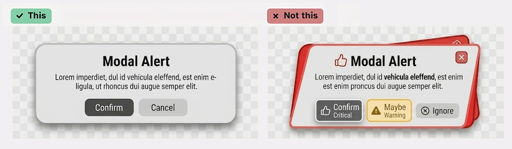 Two modal alert boxes: the left This example is plain with Confirm and Cancel buttons; the right Not this example is more colorful, with more icons, labels, and buttons for Critical, Warning, and Ignore.