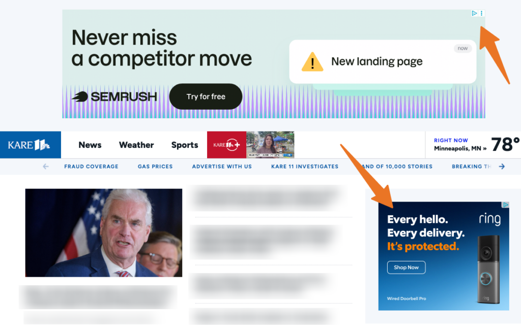 Kare11 website with two Google Display ads showing for Semrush and Ring.
