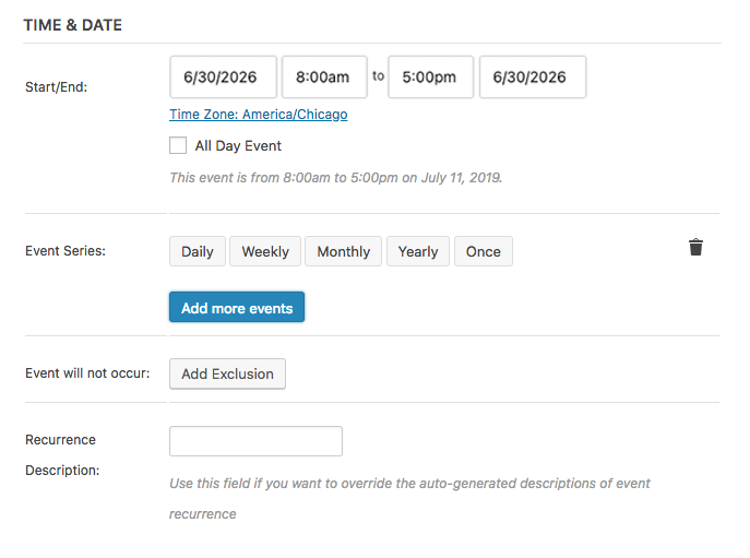 A scheduling interface showing date and time fields set to June 30, 2026, from 8:00am to 5:00pm, with options for event series, exclusions, and recurrence details.
