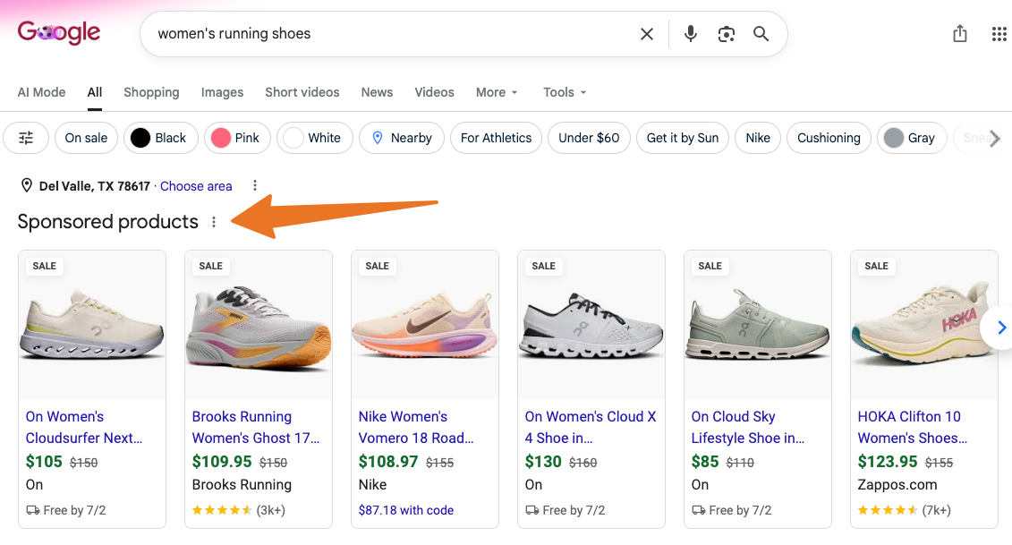 Google search for women's running shoes displaying a variety of ads beneath the sponsored products headline.
