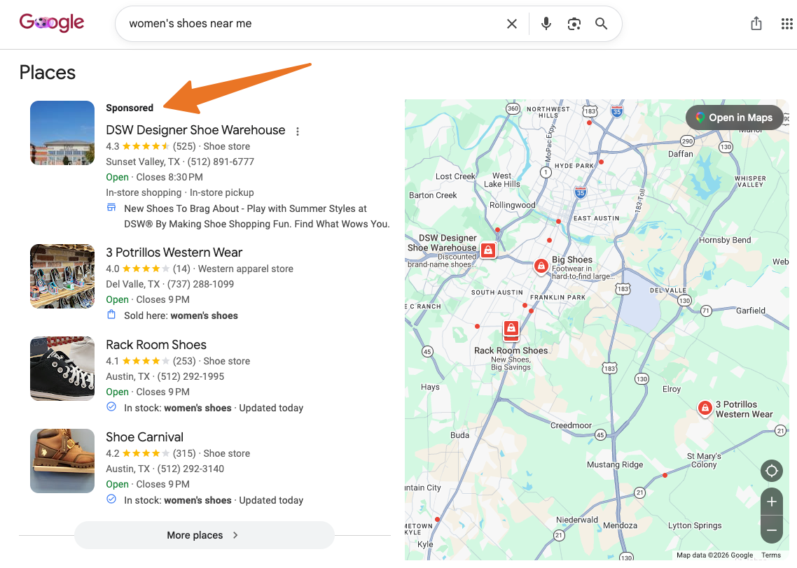 Google search for women's shoes showing a sponsored ad to the left of Google Maps.