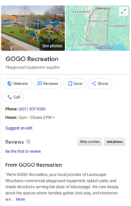 Google search result for GOGO Recreation, a playground equipment supplier in Mississippi, showing contact details, hours, a map, and an outdoor playground photo with slides and climbing structures.
