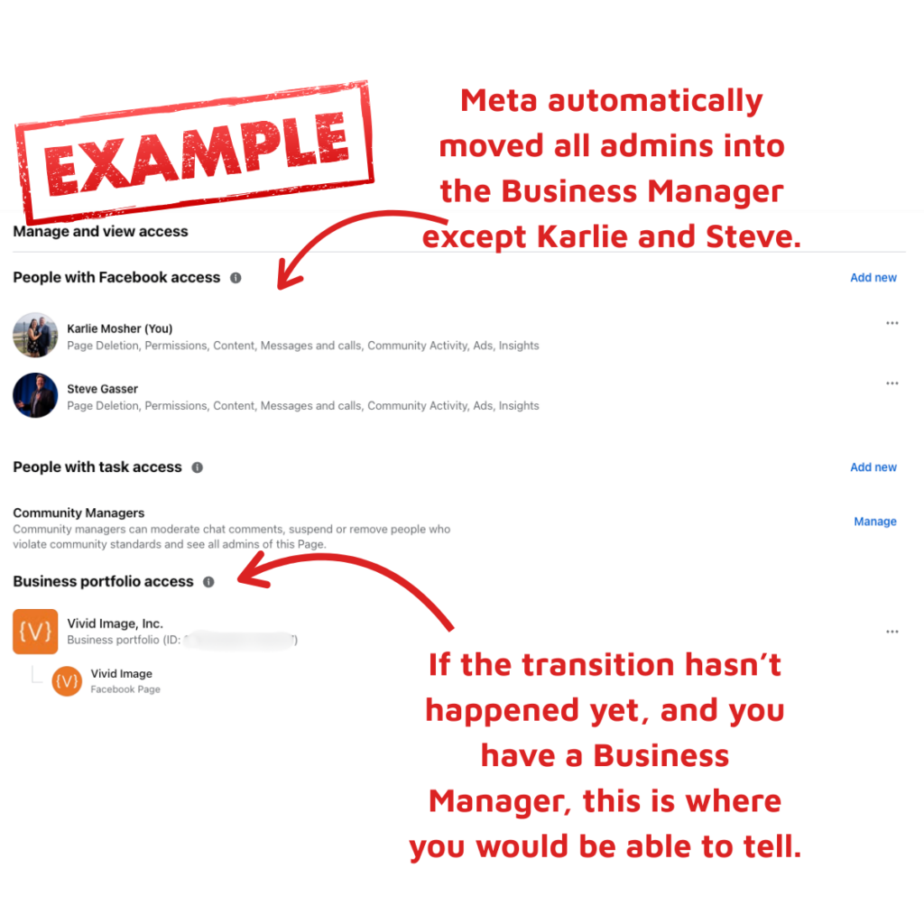 Screenshot showing Facebook Page admin and access settings with annotations explaining that Meta moved admins in Business Manager, except for two users, and where to check Business portfolio access. The word EXAMPLE is stamped in red. This highlights the scenario when a person has been removed as admin Facebook Business Page, illustrating what changes appear in the settings after such removal.
