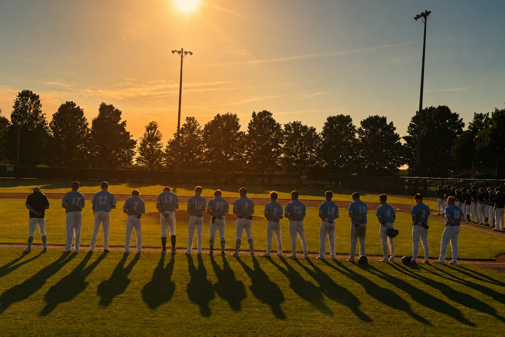Baseball players in uniforms stand in a line on the field at sunset, casting long shadows, with trees and another team visible in the background.