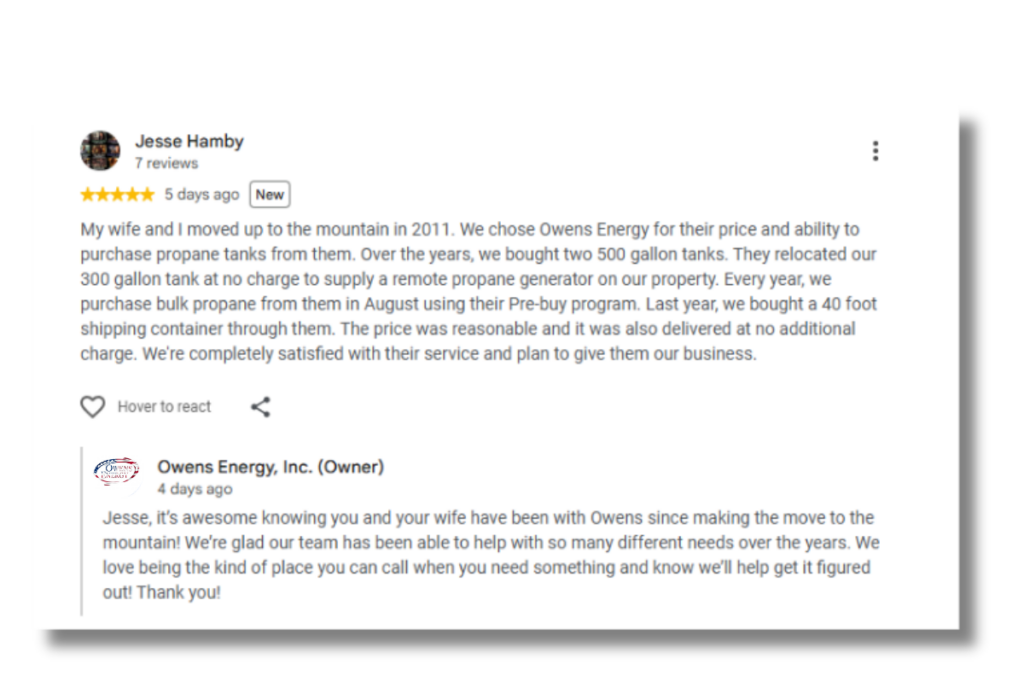 A 5-star Google review praises Owens Energy for pricing and propane service; the owner replies, thanking the customer for loyalty and sharing support for their needs.