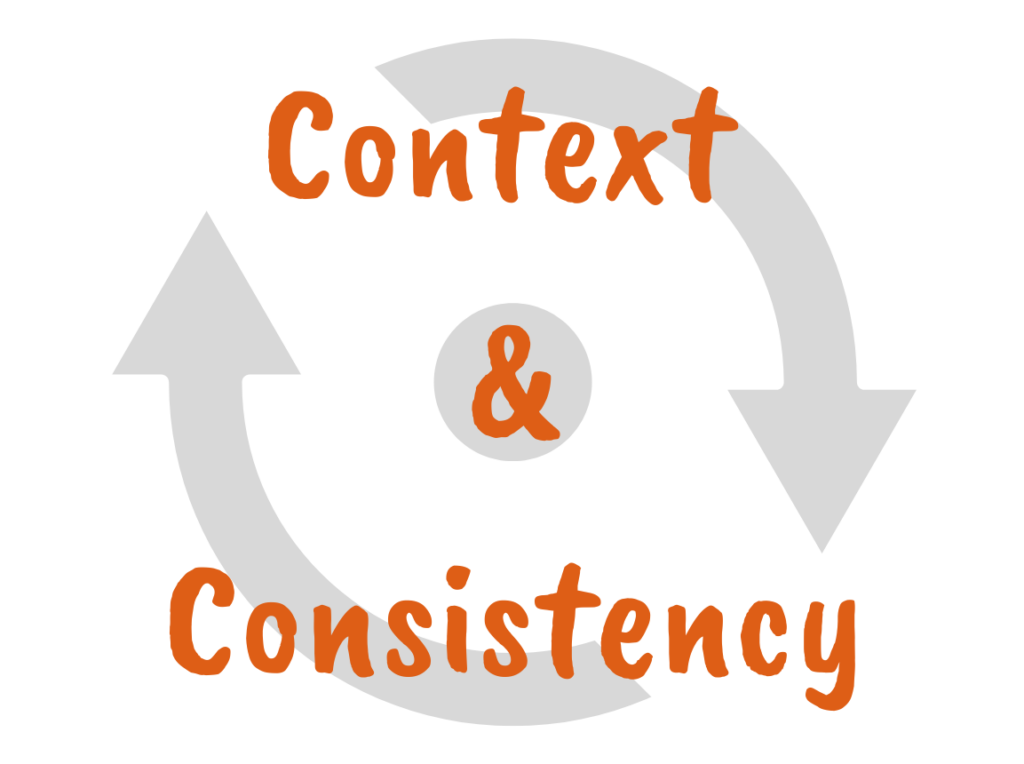 The image shows the words Context & Consistency in orange text over two large, light gray curved arrows forming a circular pattern.
