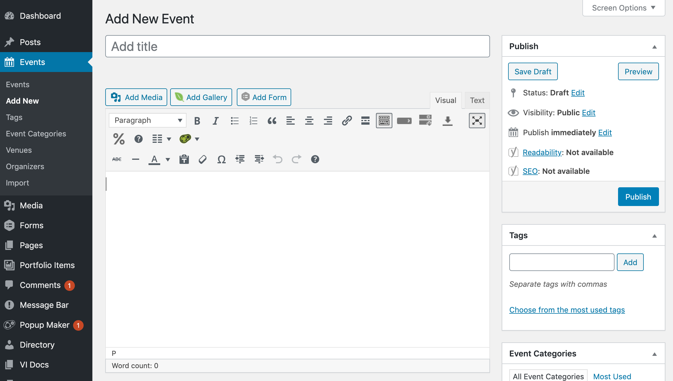 Adding a new event in The Events Calendar plugin