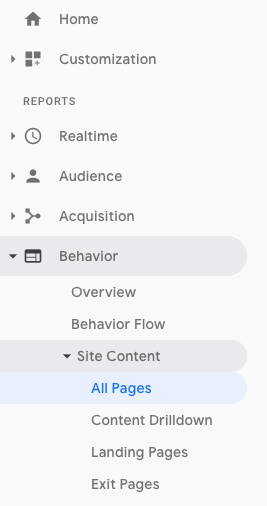 Viewing all pages under the Behavior tab in Google Analytics