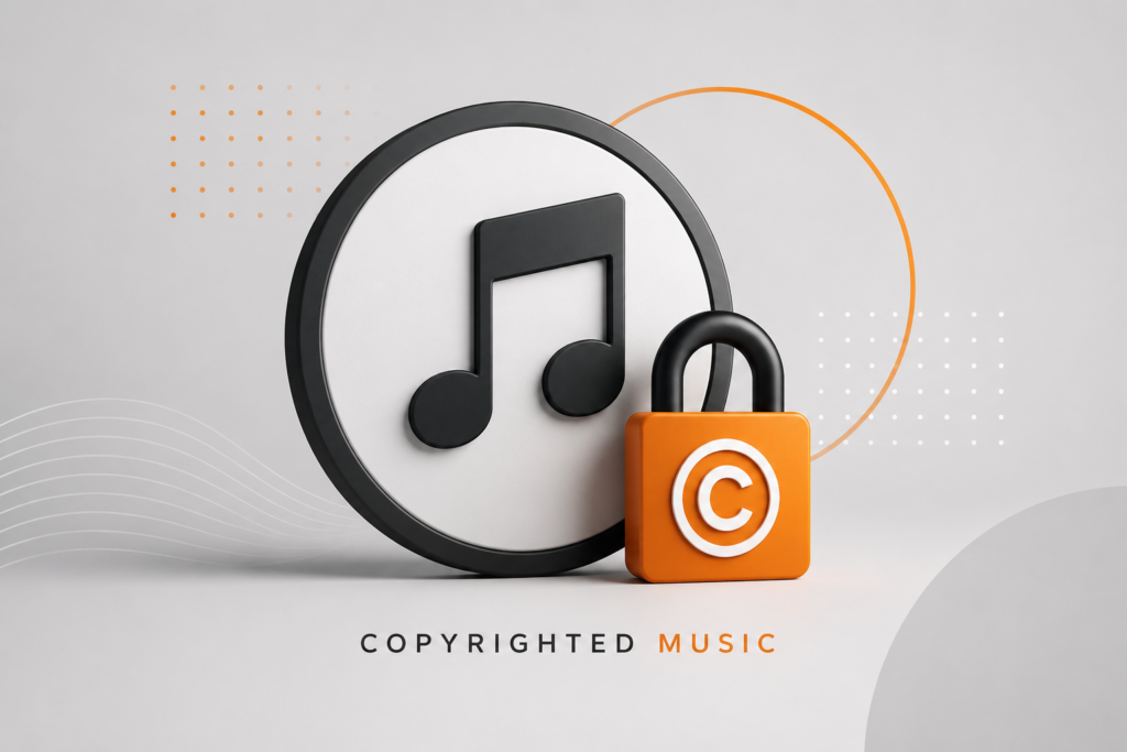 3D music note icon next to an orange padlock with a copyright symbol on it, symbolizing copyrighted music, on a light background with abstract lines and dots.