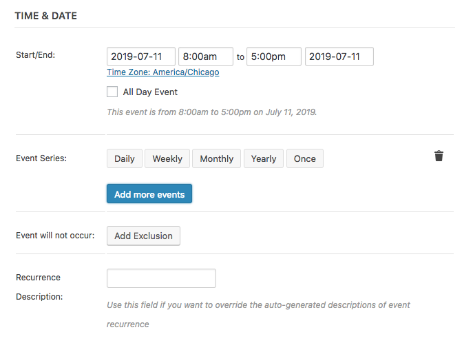Setting up recurring event dates