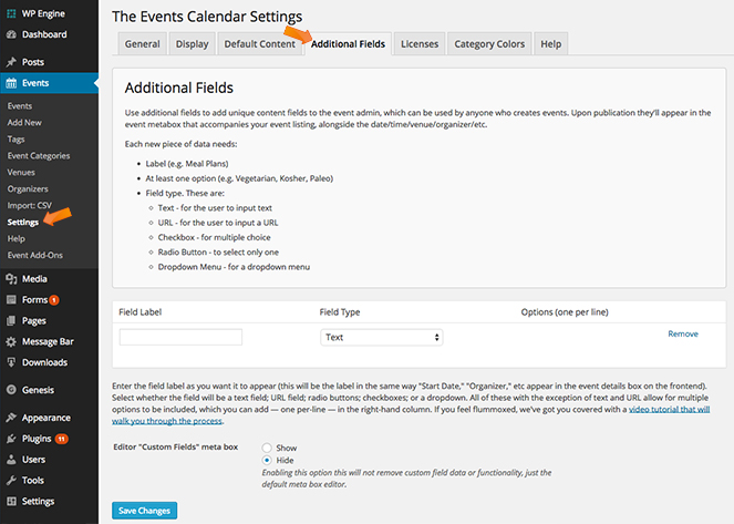 Events Calendar additional fields settings