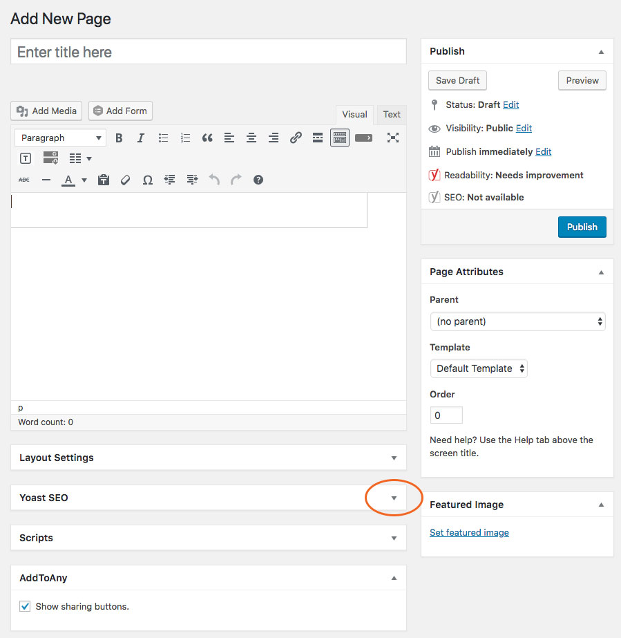 Yoast SEO tools section when setting up a new page