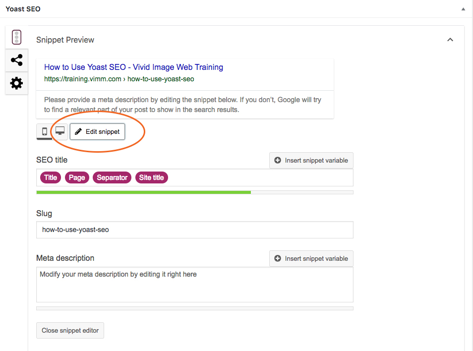 Yoast SEO edit snippet button