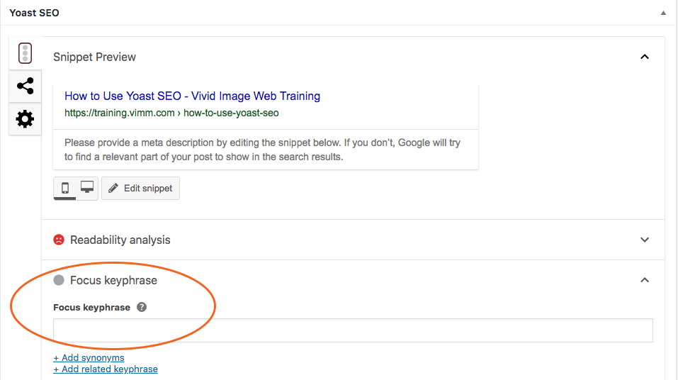 Focus keyphrase input area in Yoast SEO