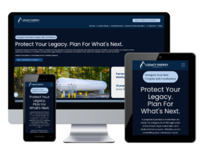 A desktop monitor, tablet, and smartphone displaying the Legacy Energy Consulting website homepage on their respective screens.