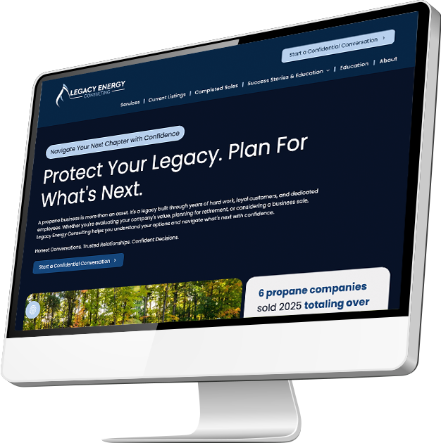 Desktop monitor displaying the Legacy Energy Consulting website homepage, featuring the headline Protect Your Legacy. Plan For Whats Next.