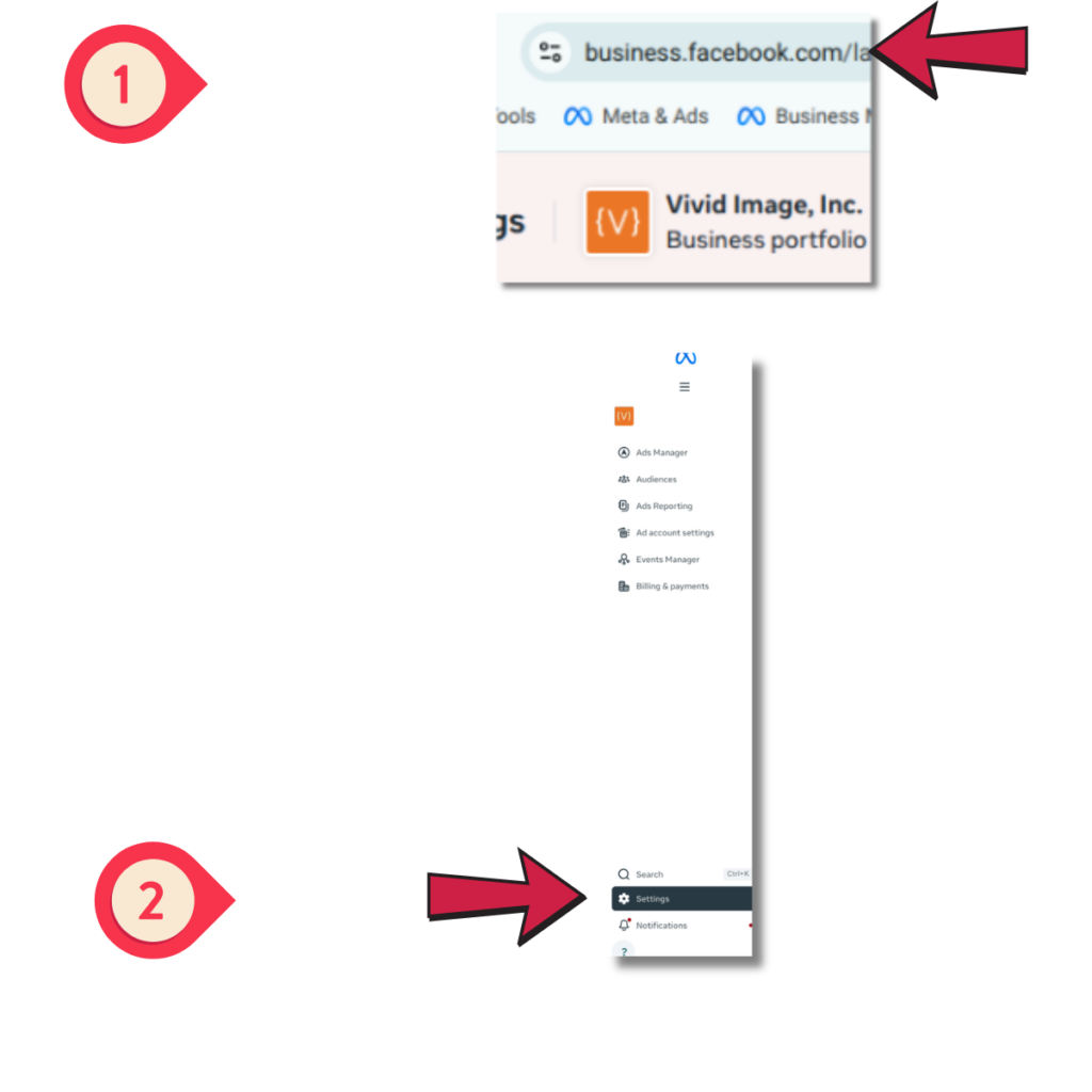Step one highlighting the URL bar and step two showing where "Settings" is located.